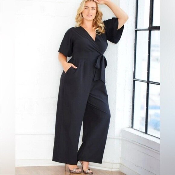 Kiyonna Charisma Crepe Black Jumpsuit Plus Size 2X Wide leg Lagenlook Evening - Picture 1 of 8